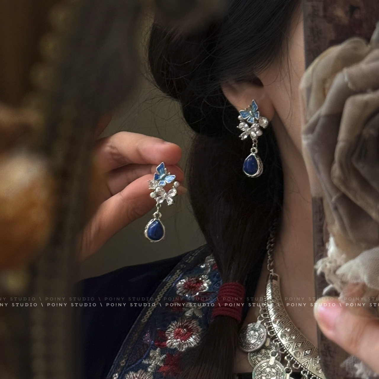 合金耳饰 新中式蝴蝶耳环女复古高级感小众设计水滴耳坠耳夹耳钉