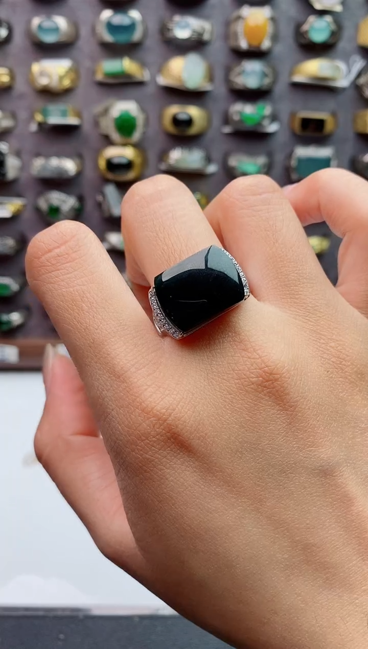 银S925镶嵌戒指翡翠天然翡翠男戒