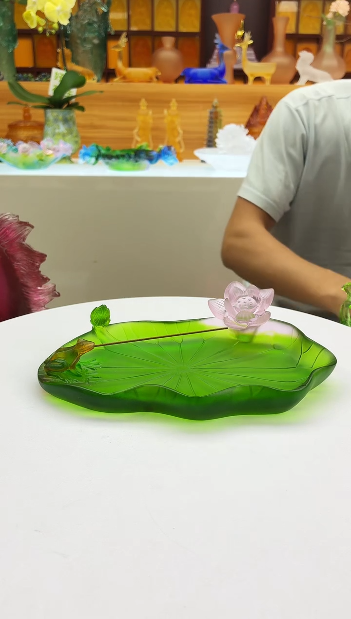 手工艺品琉璃绿色荷叶线香插荷叶果盘荷叶壶承21*13.5公分