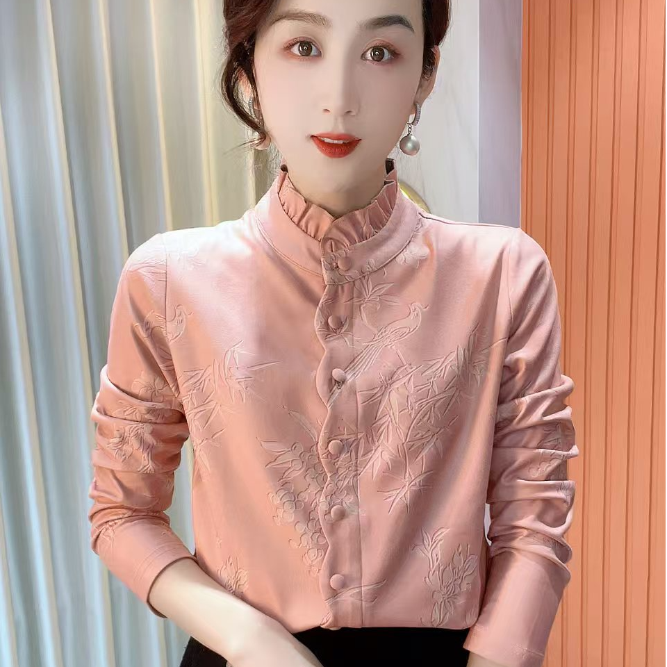 2025冬季新款木耳领印花气质百搭时尚长袖加绒打底衫上衣女582