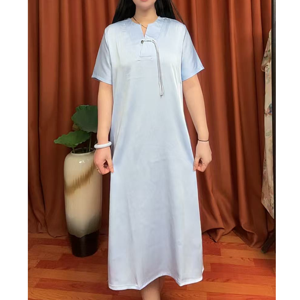 【天蓝】中老年妈妈装夏季流苏连衣裙气质过膝遮肉大码中长裙