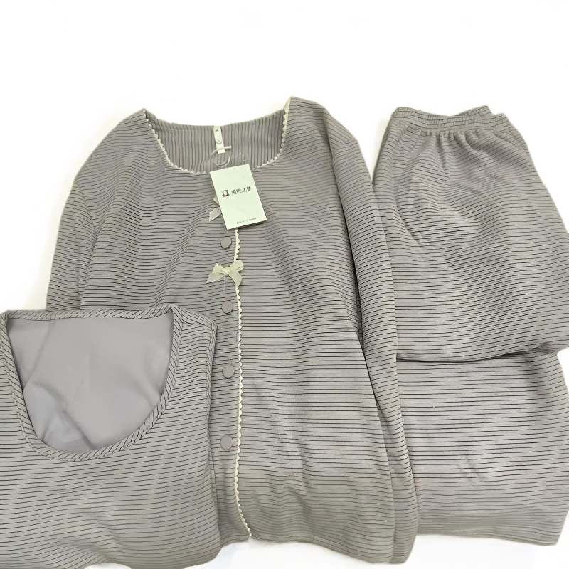 琦欣之梦紫条纹冬款长袖长裤背心加胸垫家居服套装~