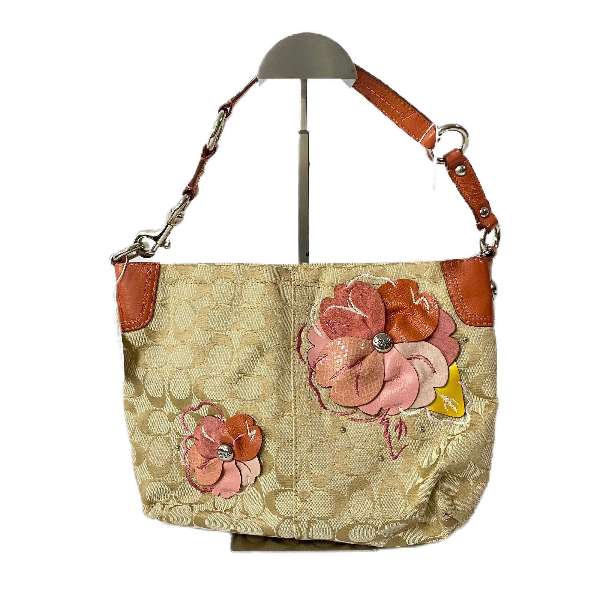 95新 COACH/蔻驰 经典老花帆布拼皮花朵单肩手提包 MM-80073