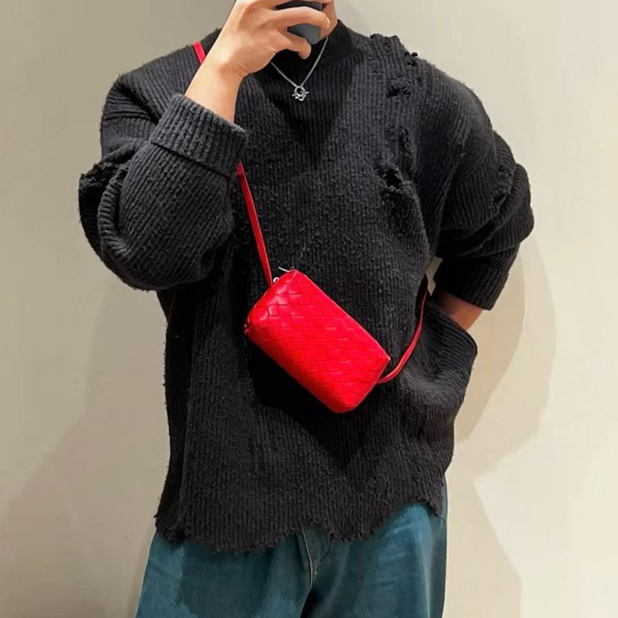 未使用 BOTTEGA VENETA/葆蝶家 /七七/全编织小枕头盒子包 大红色