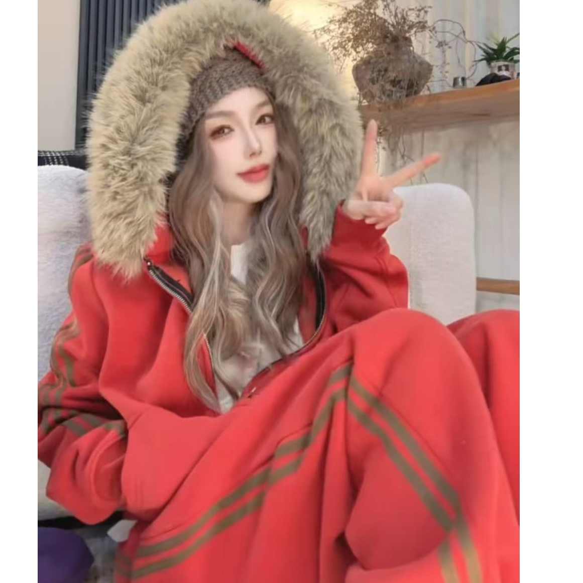 2025冬季新款休闲百搭加绒加厚纯色连帽长袖套装5225