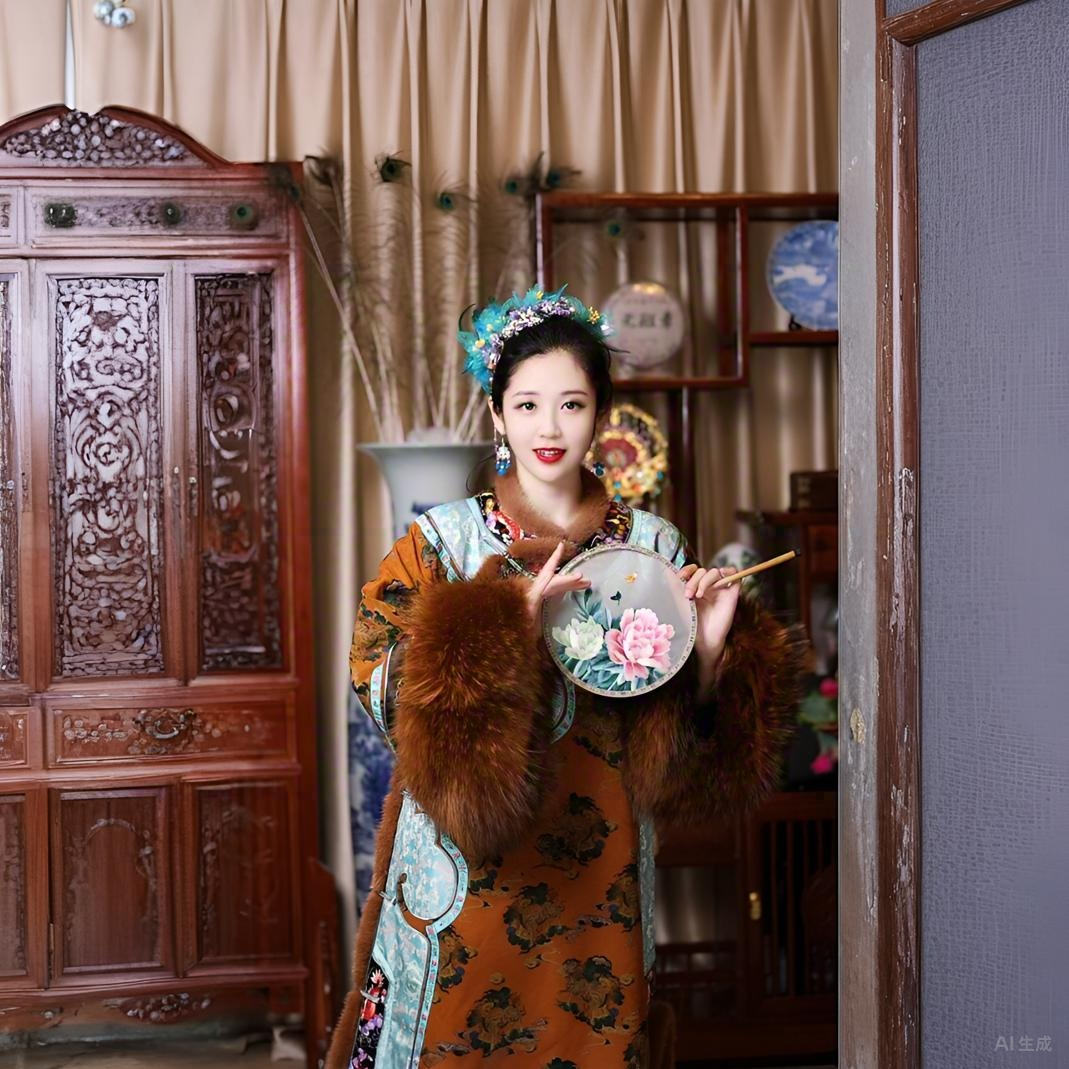 衣最芳绣梦幻紫狐狸毛双工满刺绣中式长袍No退No换