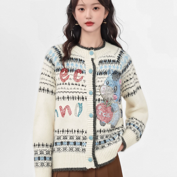 TCH【时尚百搭】冬款时尚烫钻米色休闲风女装针织开衫T75D43E1136