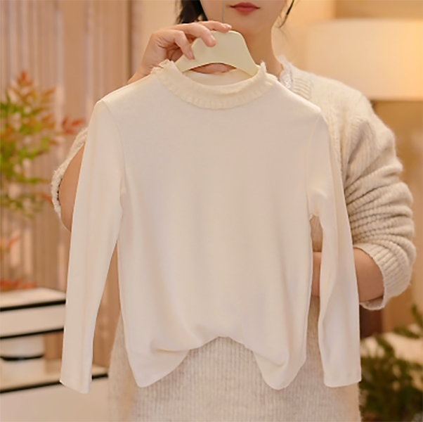 【米小洛】2026春季新款儿童韩版纯色长袖花边圆领打底百搭上衣T恤