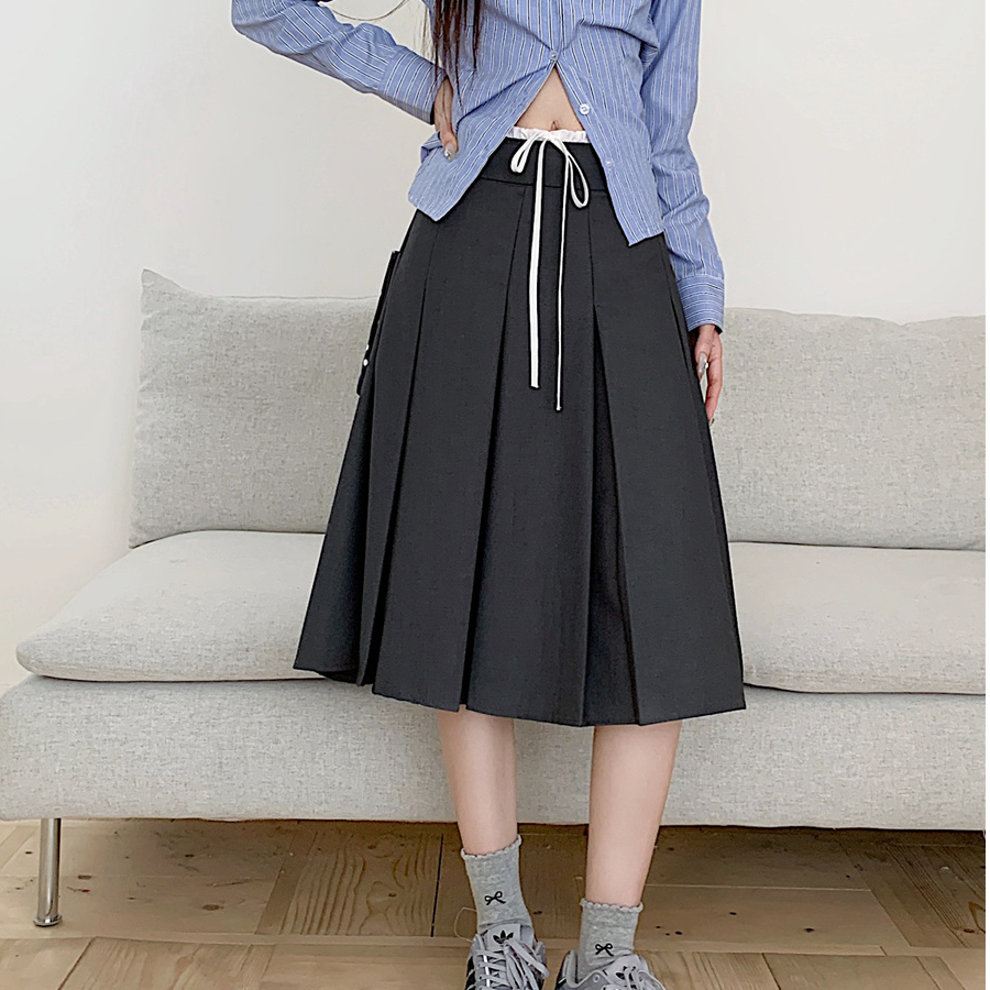 灰色学院风百褶裙女2025年春夏季新款高腰a字中裙显瘦西装半身裙