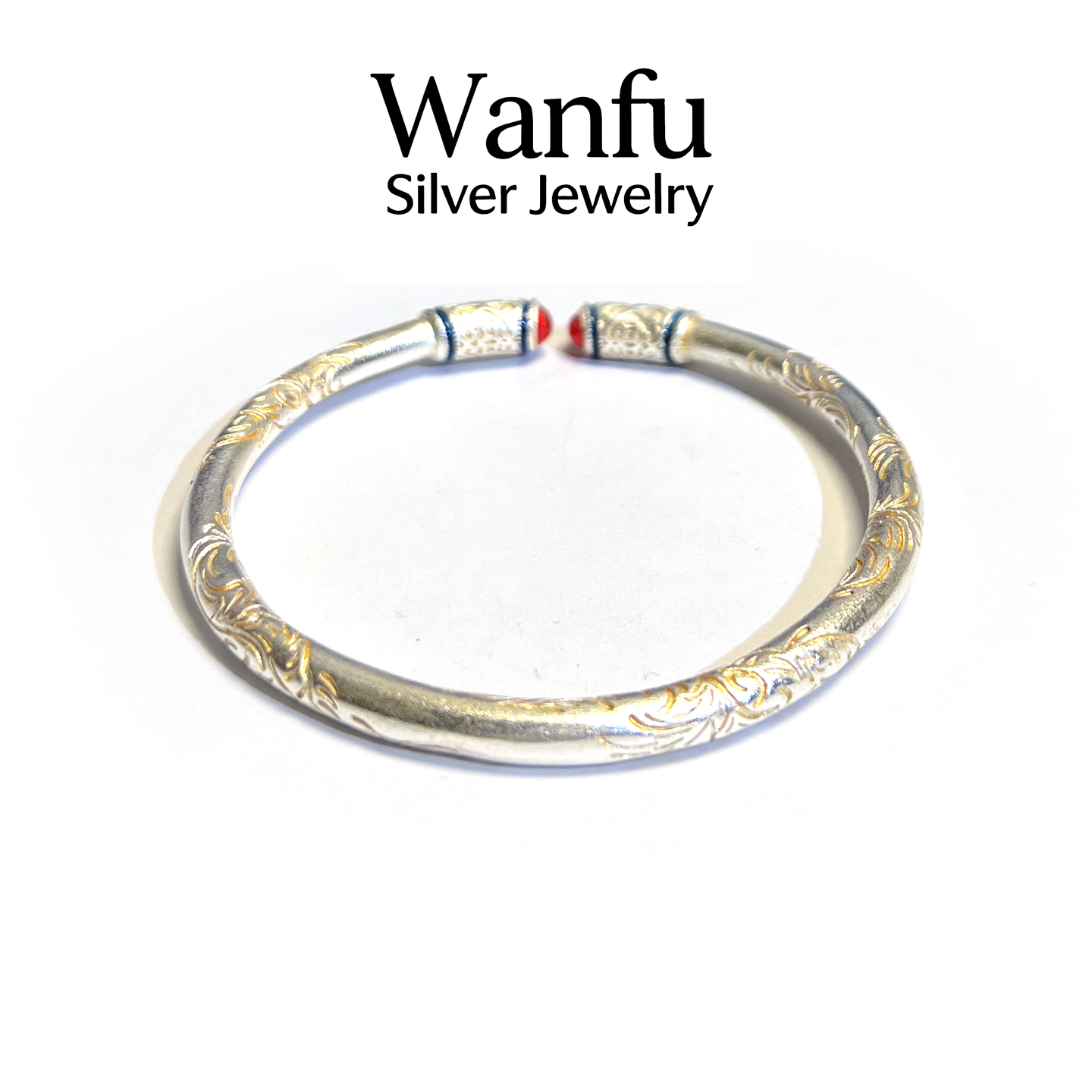 足银手镯 足银9999珐琅彩描金卷草纹磨砂实心开口复古民族风手镯