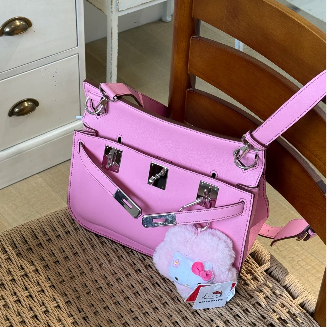 99新 Hermes/爱马仕 小花Jerry外吉普赛 28 樱花粉银扣框M包