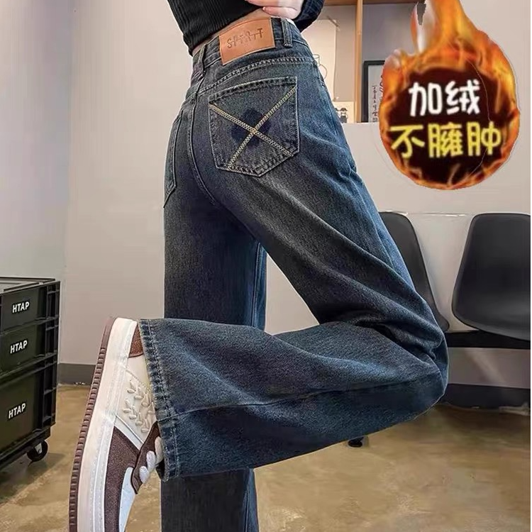 【现货+加绒加厚】水泥灰新款潮流牛仔裤女秋季宽松显高显瘦百搭