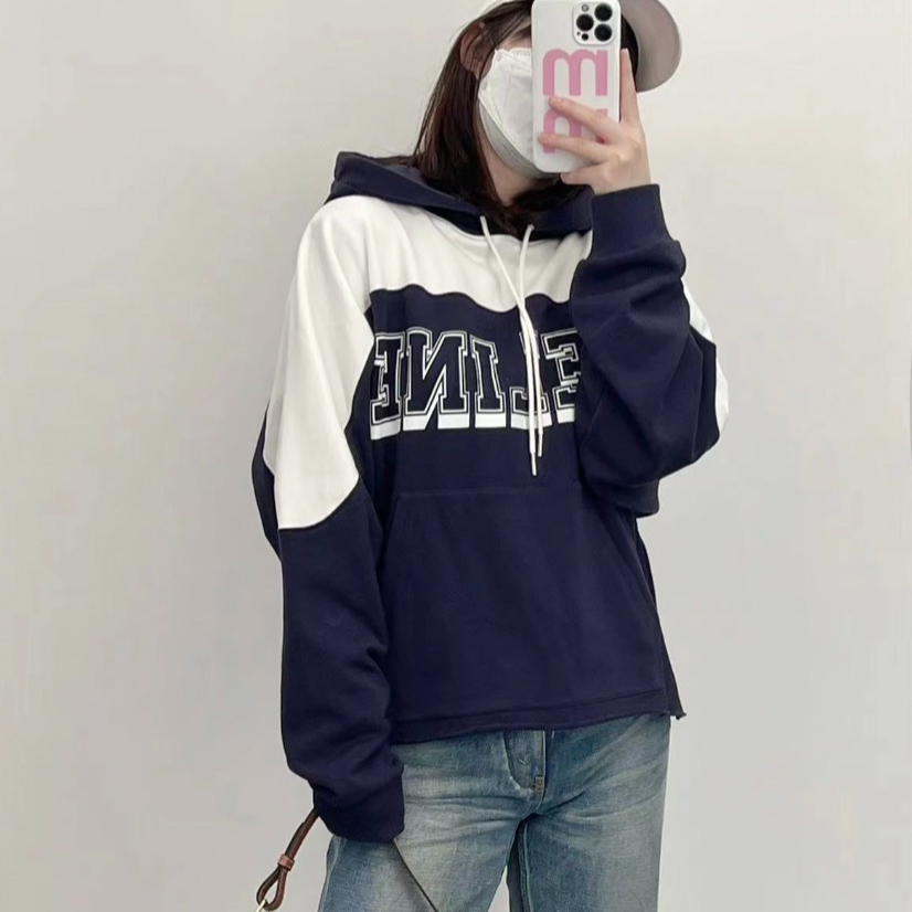 95新 Celine/思琳 EW0304 拼色字母印花棉质连帽卫衣外套 XL码