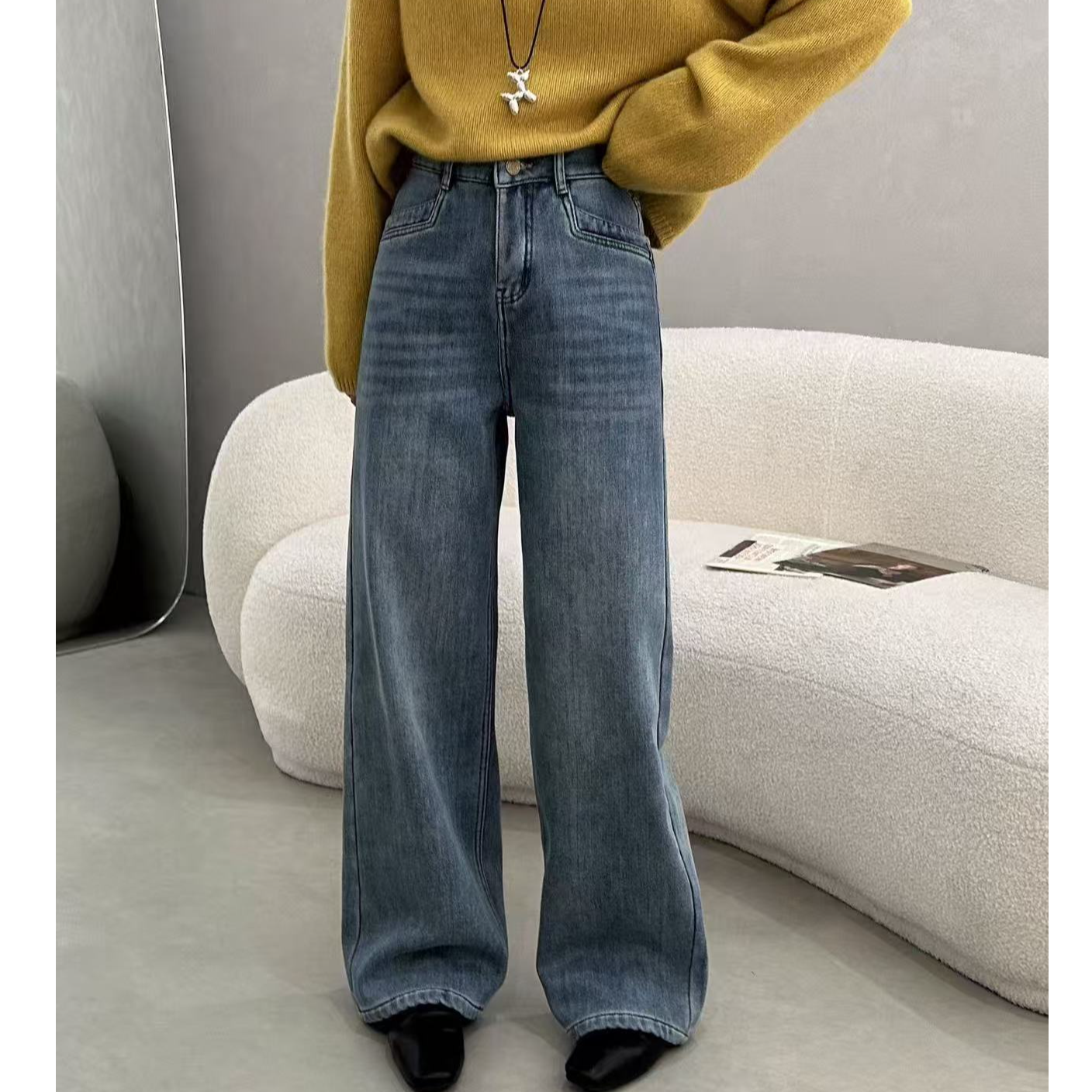 【一抹兰】 时尚口袋设计款  百搭 显瘦 加绒 高腰牛仔 裤