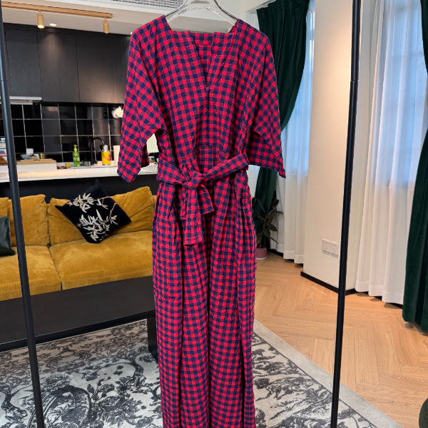 女士格纹红色连衣裙泡泡袖意大利手工棉