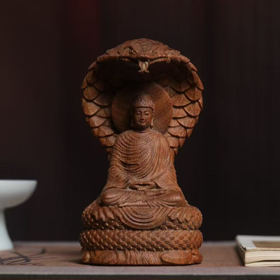 蛇佛 阿弥陀佛释迦牟尼木质龙鳞满星红土原木原雕手工艺摆件