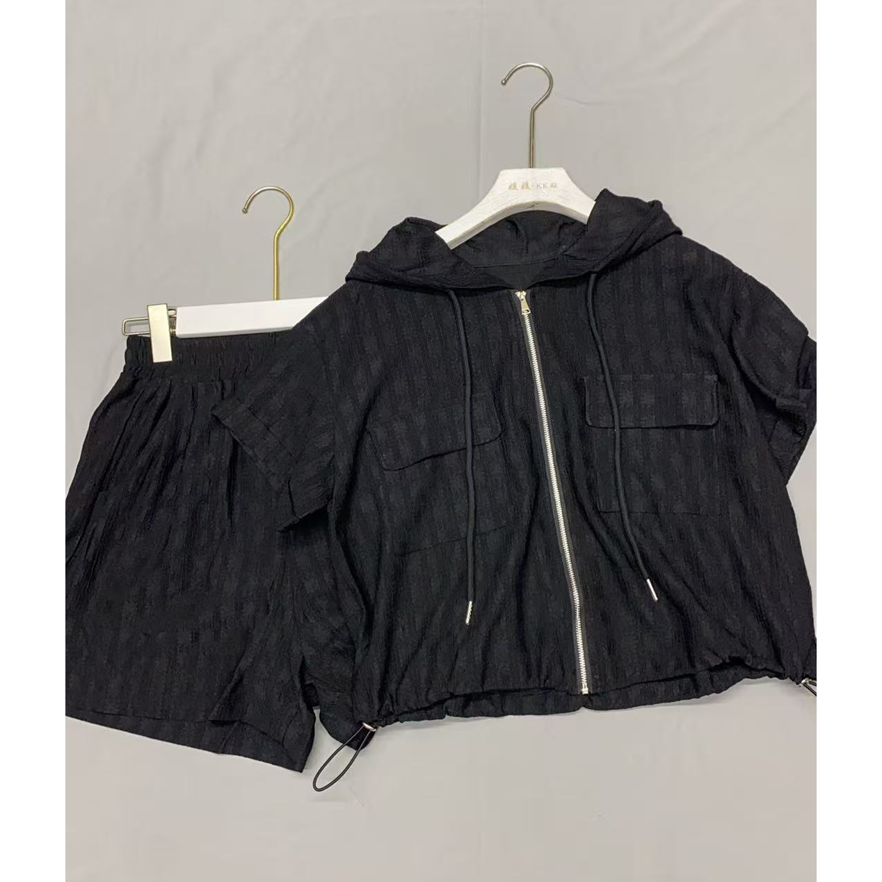 F195#2025新款时尚宽松连帽短袖上衣短裤两件套套装