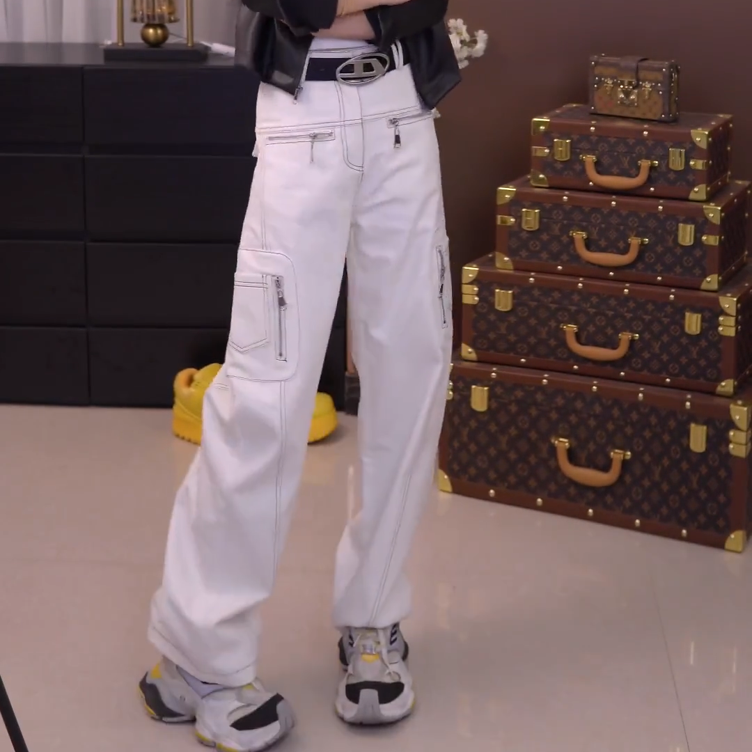 春季新款时尚美式白色工装弯刀裤女撞色明线牛仔直筒裤休闲阔腿裤