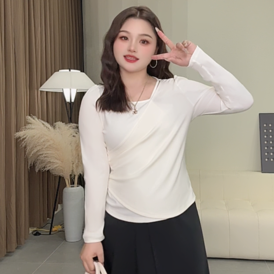 2025大码秋季新款简约设计感收腰修身显瘦假两件上衣百搭长袖T恤