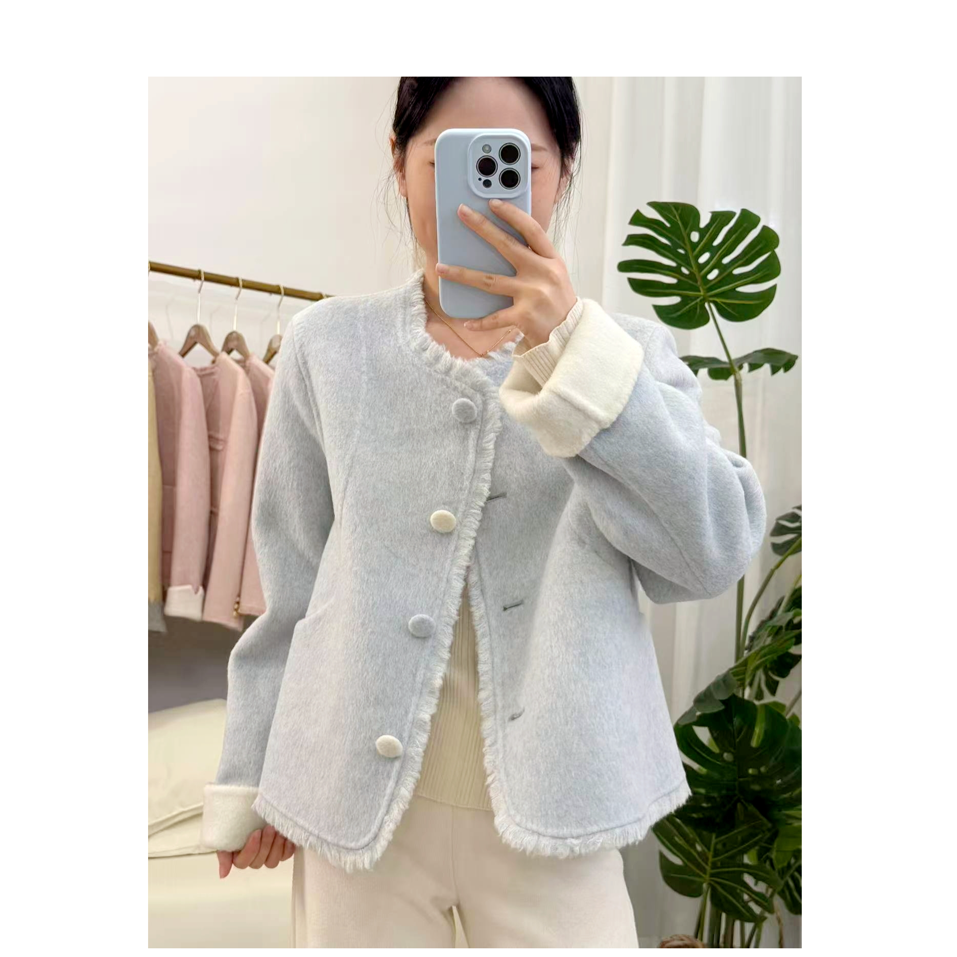 【云伊定制】25新款双面羊毛大衣女短款拉毛圆领小个子毛呢外套2509