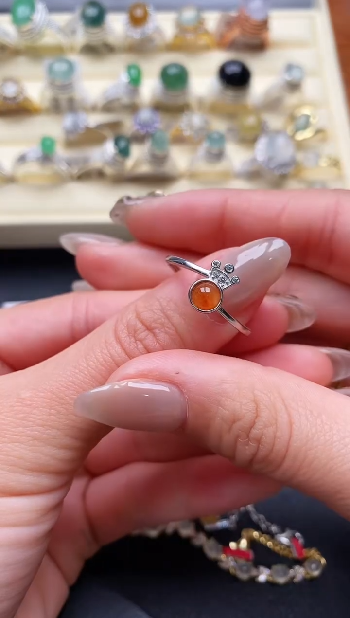 【闪购商品】翡翠戒指银S925镶嵌缅甸天然A货翡翠66  7-9