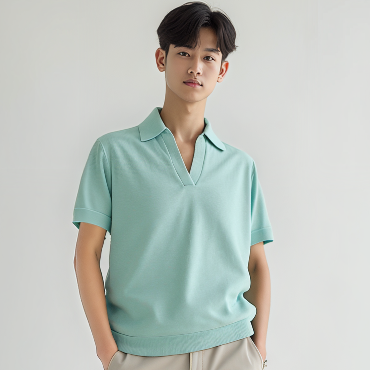 29375-纯色休闲简约V领短袖POLO衫