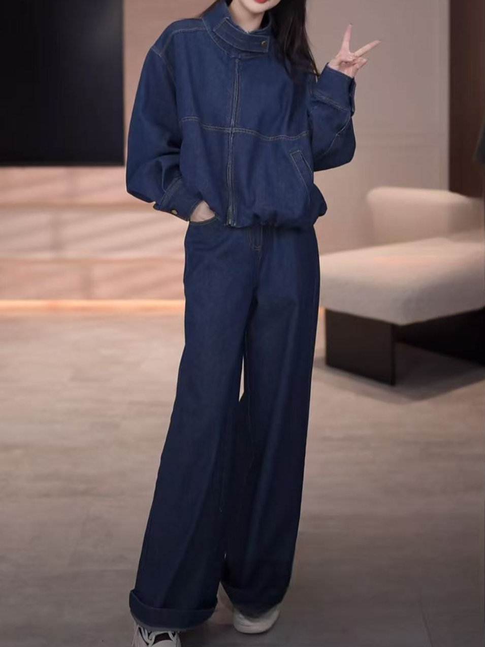 时尚复古牛仔休闲显瘦外套长裤两件套春秋季2025新款夹克遮肉套装