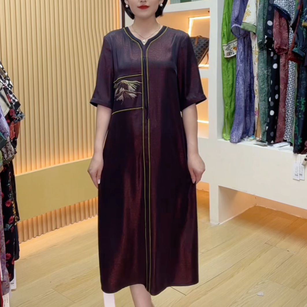 【婷婷专享】2025夏季时尚妈妈连衣裙夏装减龄印花衬衫式连衣裙2568