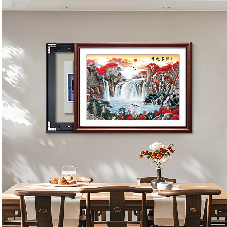 电表箱挂画新中式遮挡配电箱装饰画山水画免打孔电闸盒鸿运当头画
