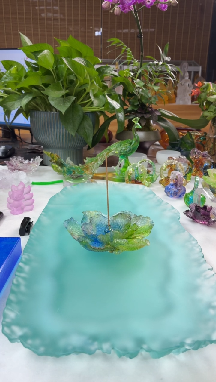 手工艺品琉璃彩色牡丹花线香插12公分