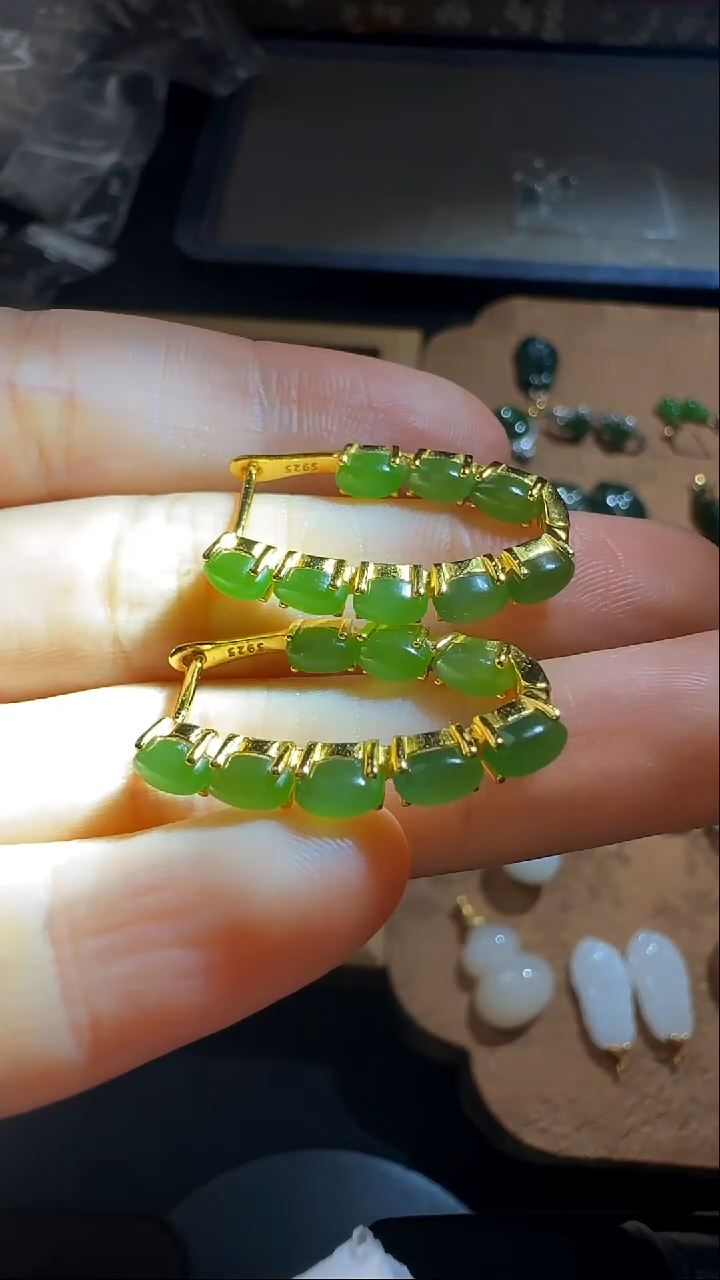 银S925镶嵌和田玉耳饰和田玉碧玉吊坠