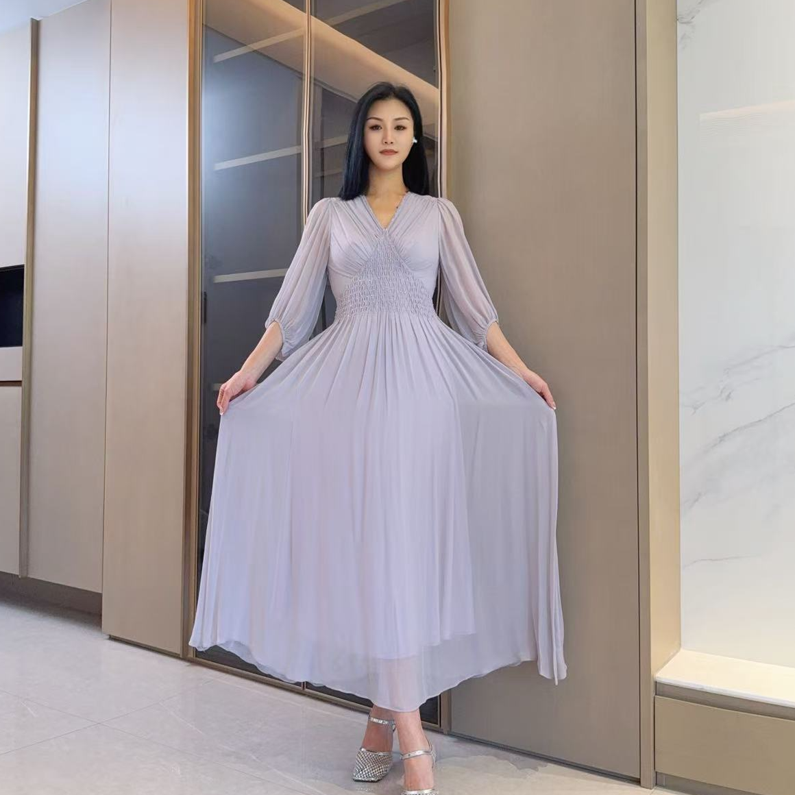 100桑蚕丝【双十一破价，仅一场】2025年夏时尚气质长裙 紫色 25079