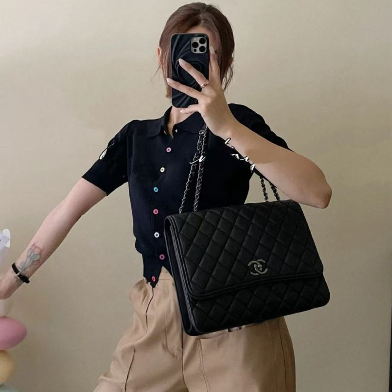 95新 Chanel/香奈儿 雾霾蓝银扣荔枝纹风琴机场包 长13 19开带卡