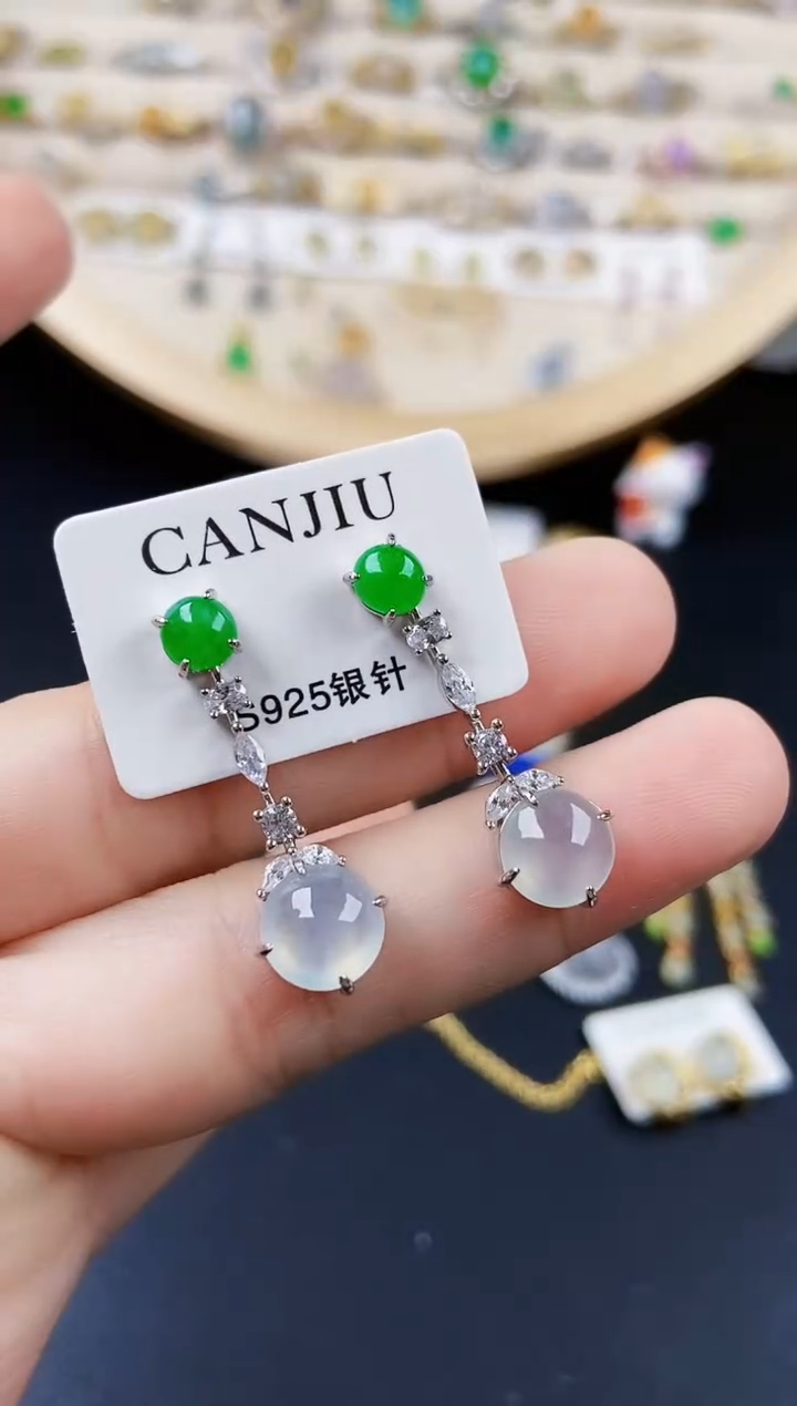 翡翠银S925镶嵌耳饰654646