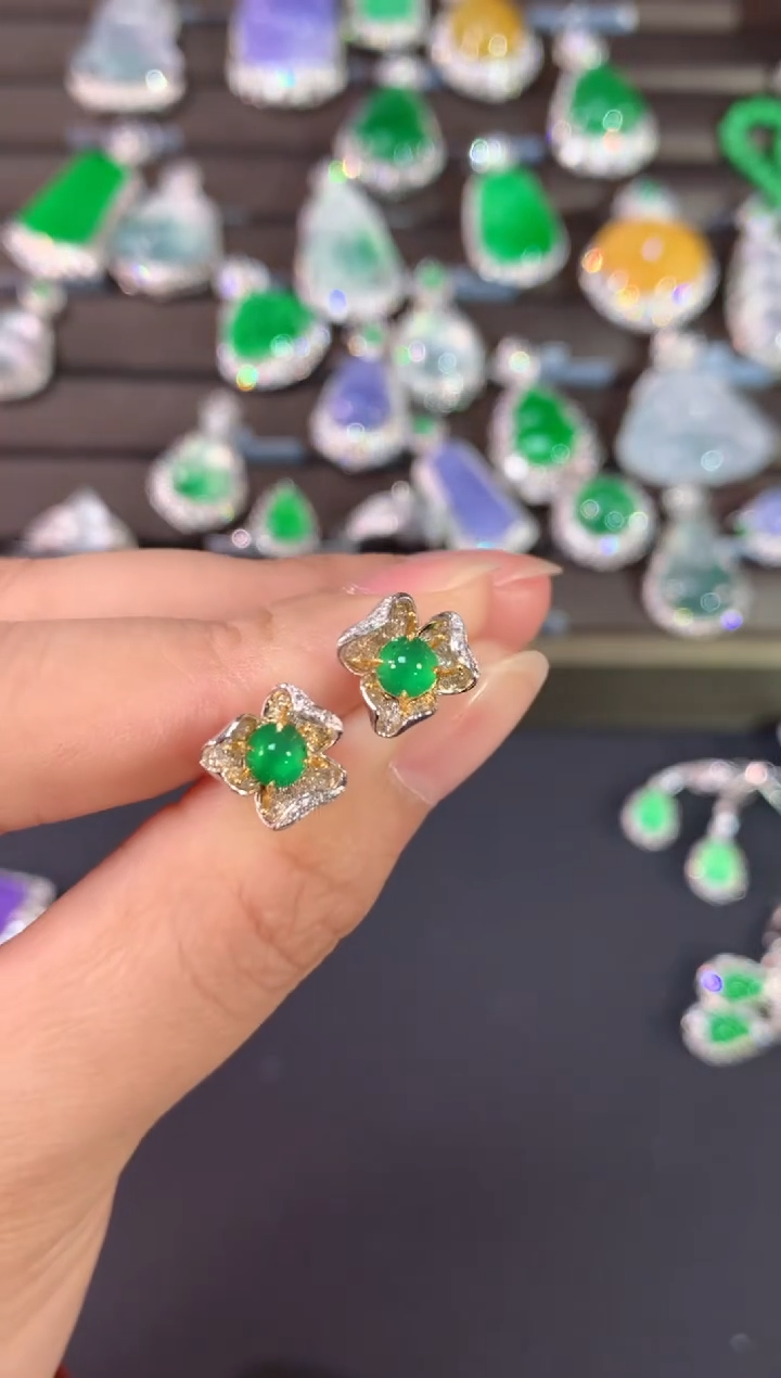 【闪购商品】翡翠耳饰18K金镶嵌A210|(多样性发货）拍一发一