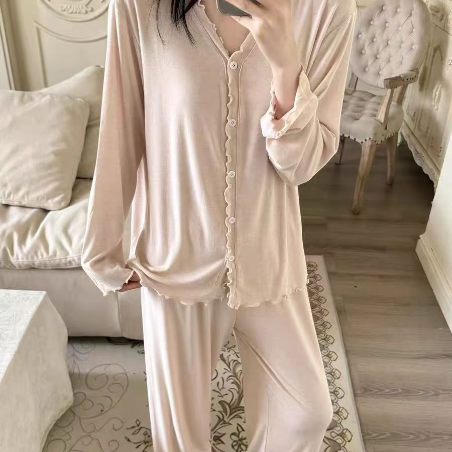 31-秋季女款纯欲粉木耳边开衫长袖长裤家居服套装