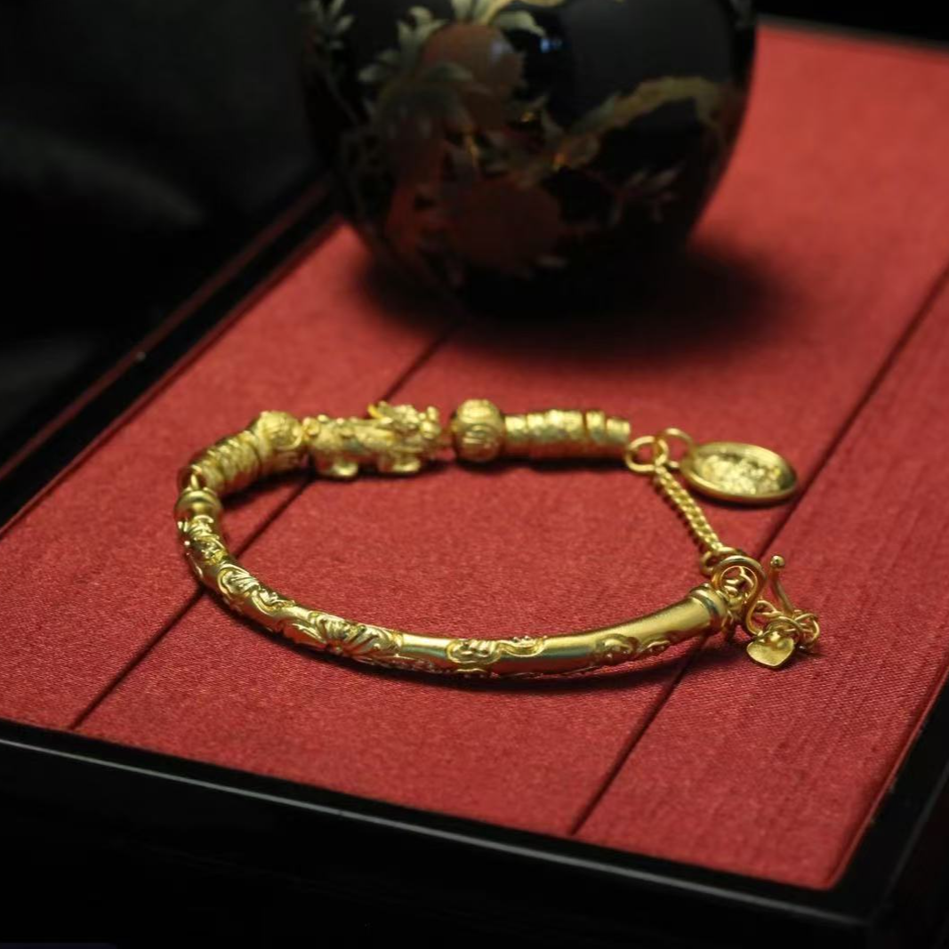 足银手镯 足银手镯 古法时尚貔貅盘缠黄财神半镯吉言可调节手镯