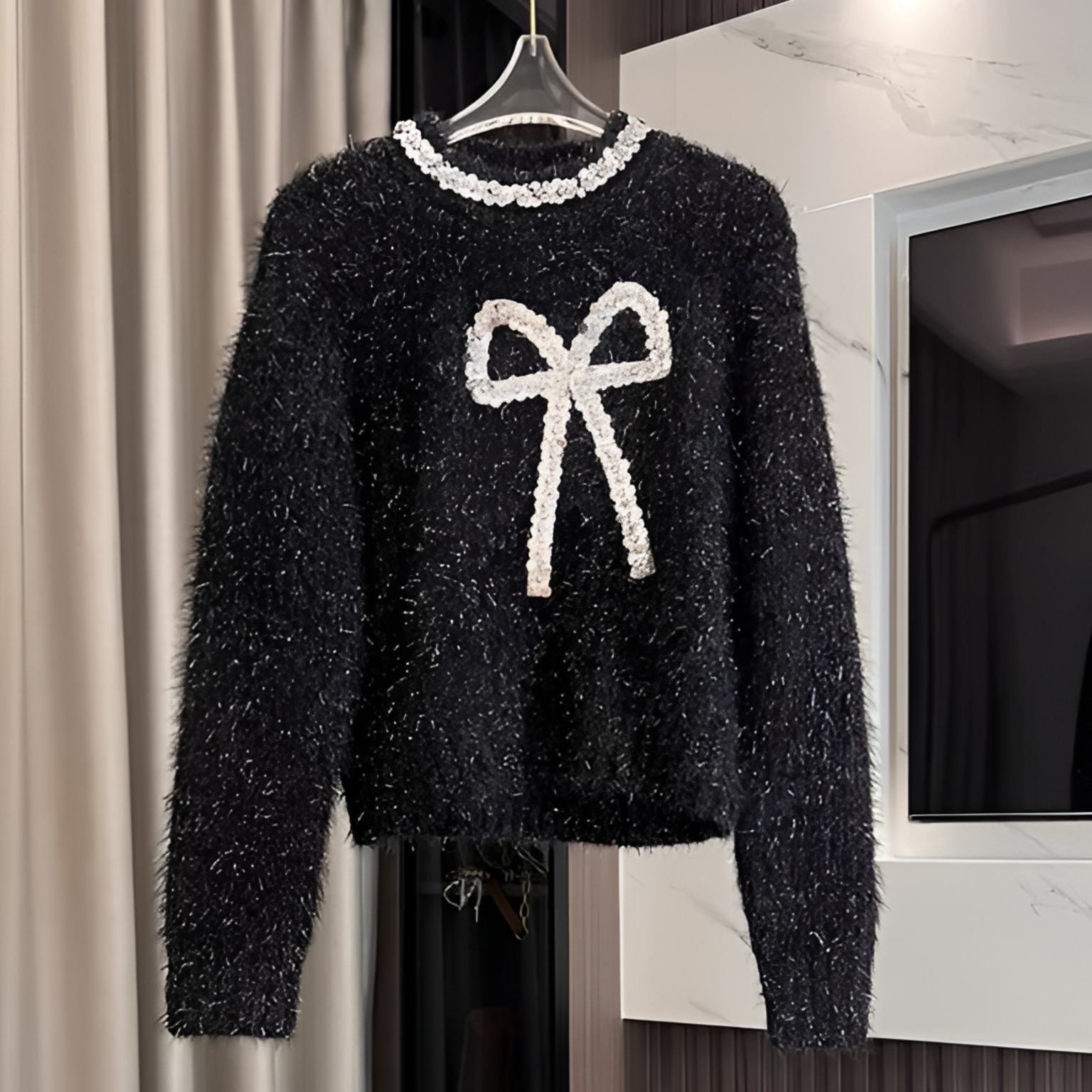 欧货重工慵懒风亮片蝴蝶结针织毛衣减龄甜美百搭软糯上衣不扎肉肉