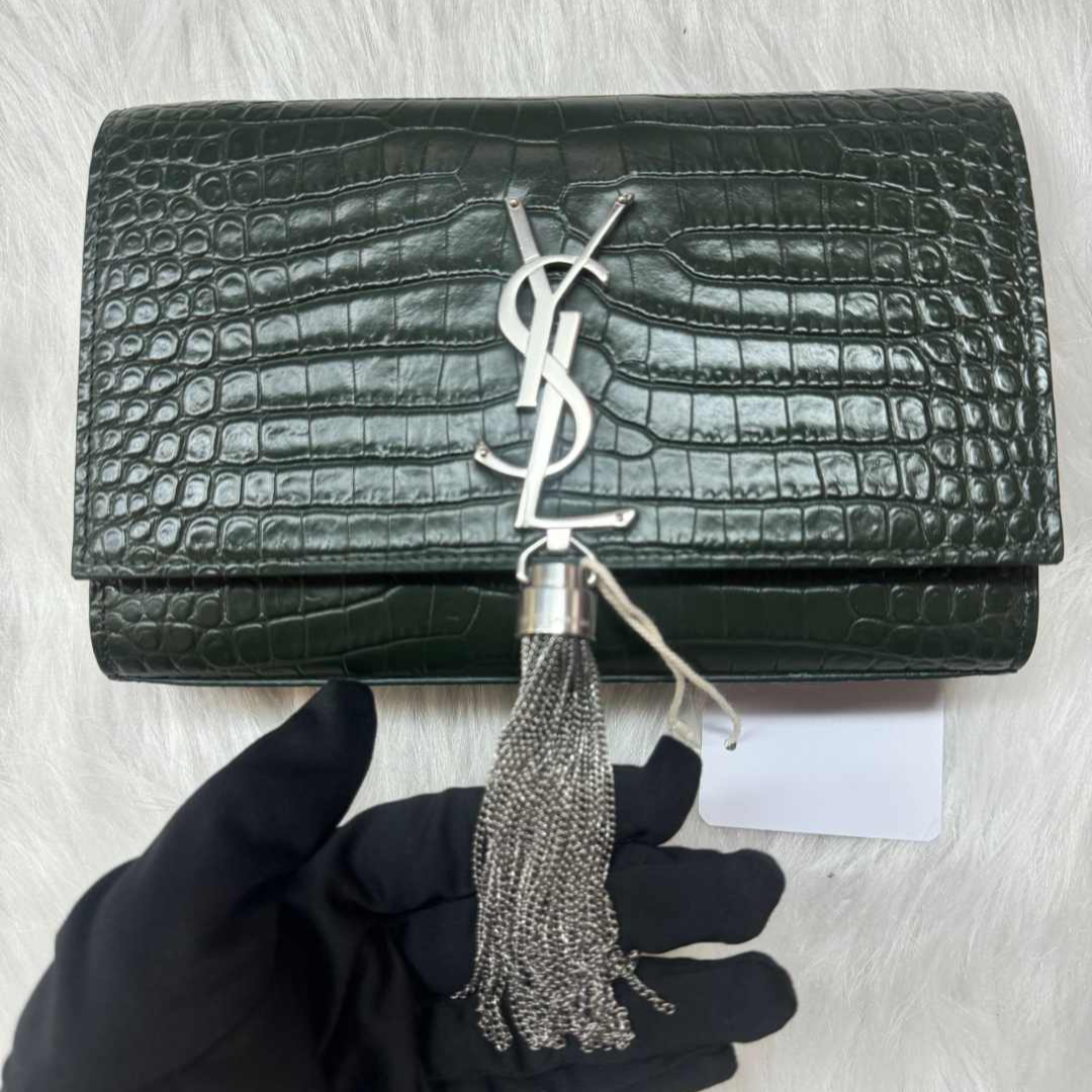 95新 YSL/圣罗兰 湖绿色鳄压流苏单肩斜挎包/云海优选/54268
