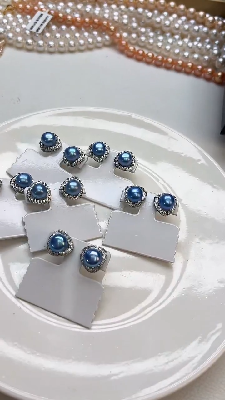 未镶嵌耳饰淡水珍珠蓝色系设计款耳钉(多样性发一）