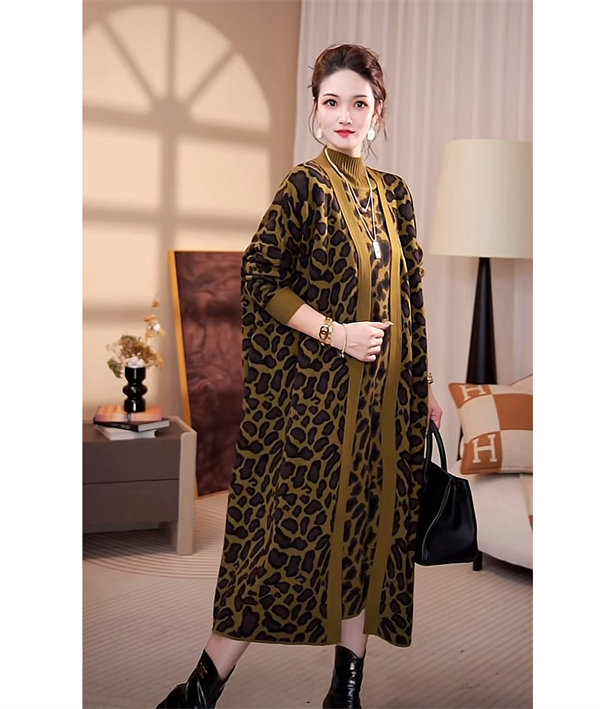 高端品质【豹纹外套】秋冬高档时尚长款毛衣显瘦风衣大衣外套-6656#