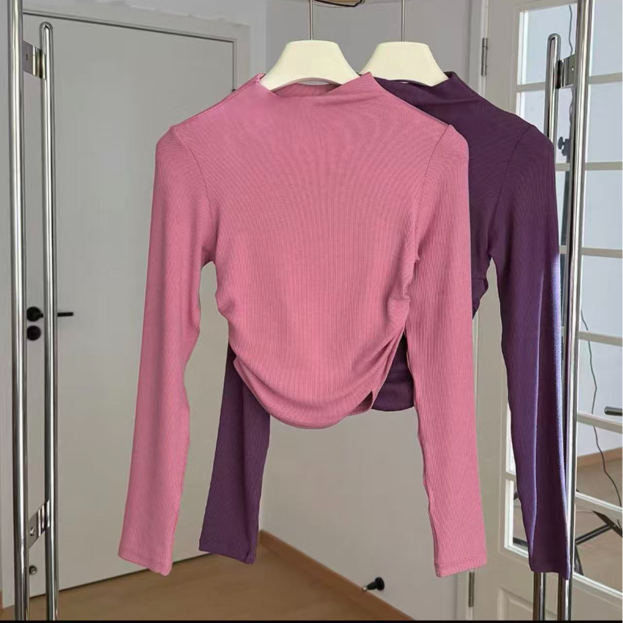 褶皱修身显瘦瑜伽服女 微高领弹力健身服运动外穿打底长袖