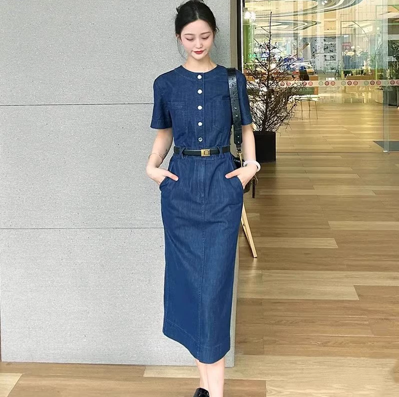 【商场同款】夏新款复古收腰显瘦圆领时尚牛仔连衣裙5500537