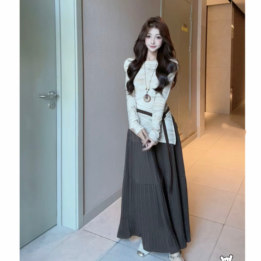 【有运补】扎染一字肩小衫下摆不规则掐腰套装扎染A字半身裙女