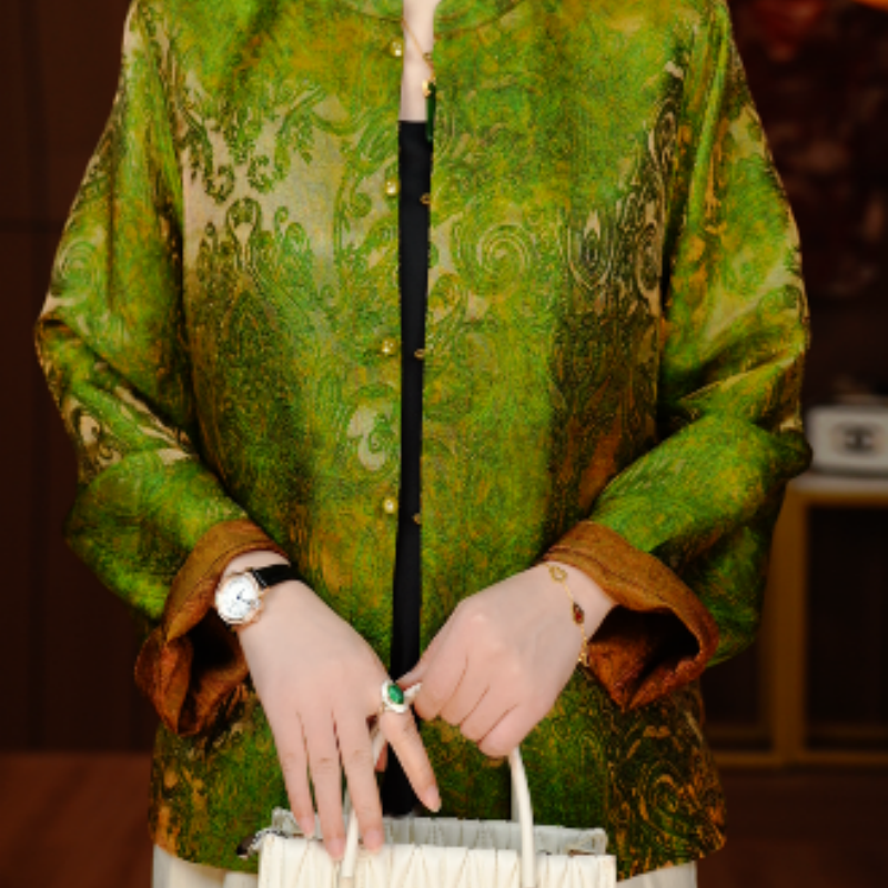 新款春季休闲风宽松型常规长袖圆领洋气新中式国风衬衫V25P1078