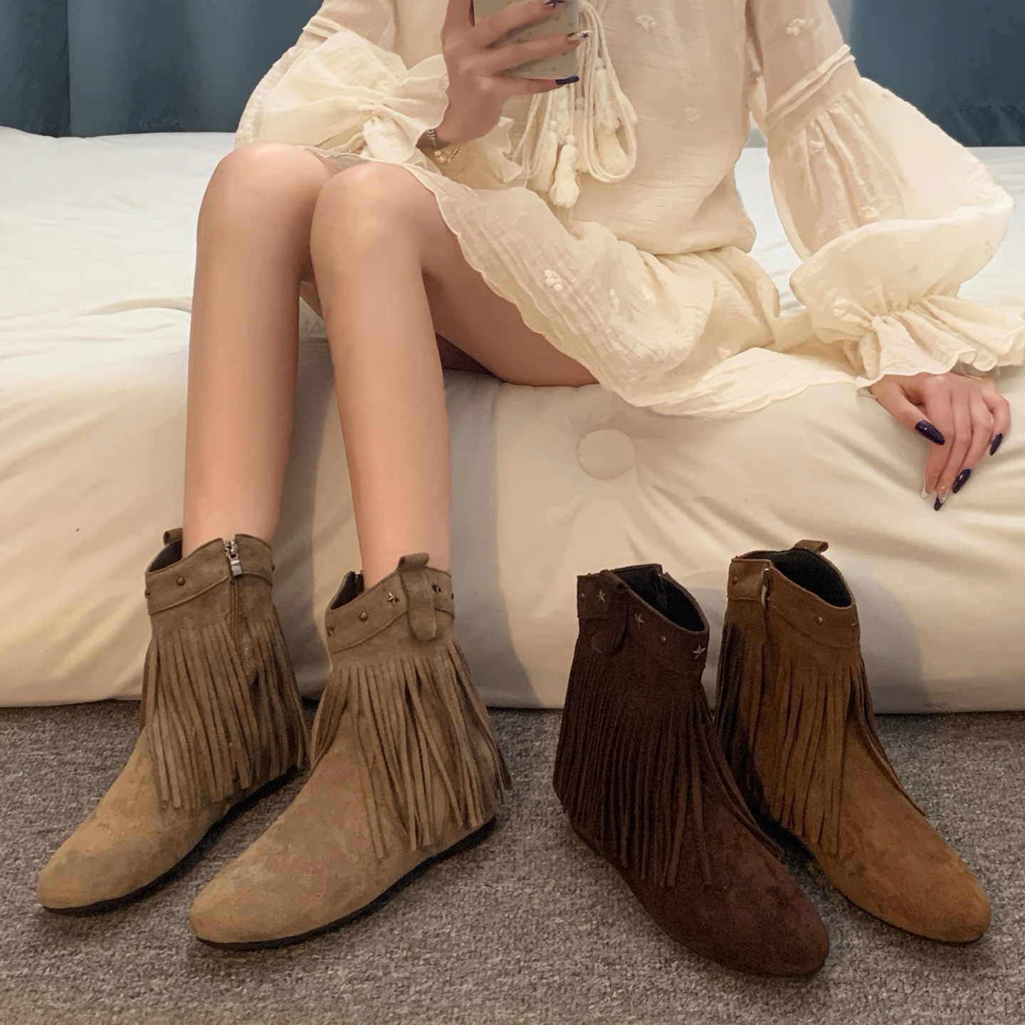 洋气巨好看的流苏内增高小短靴女2025早秋新款复古平底显瘦靴子