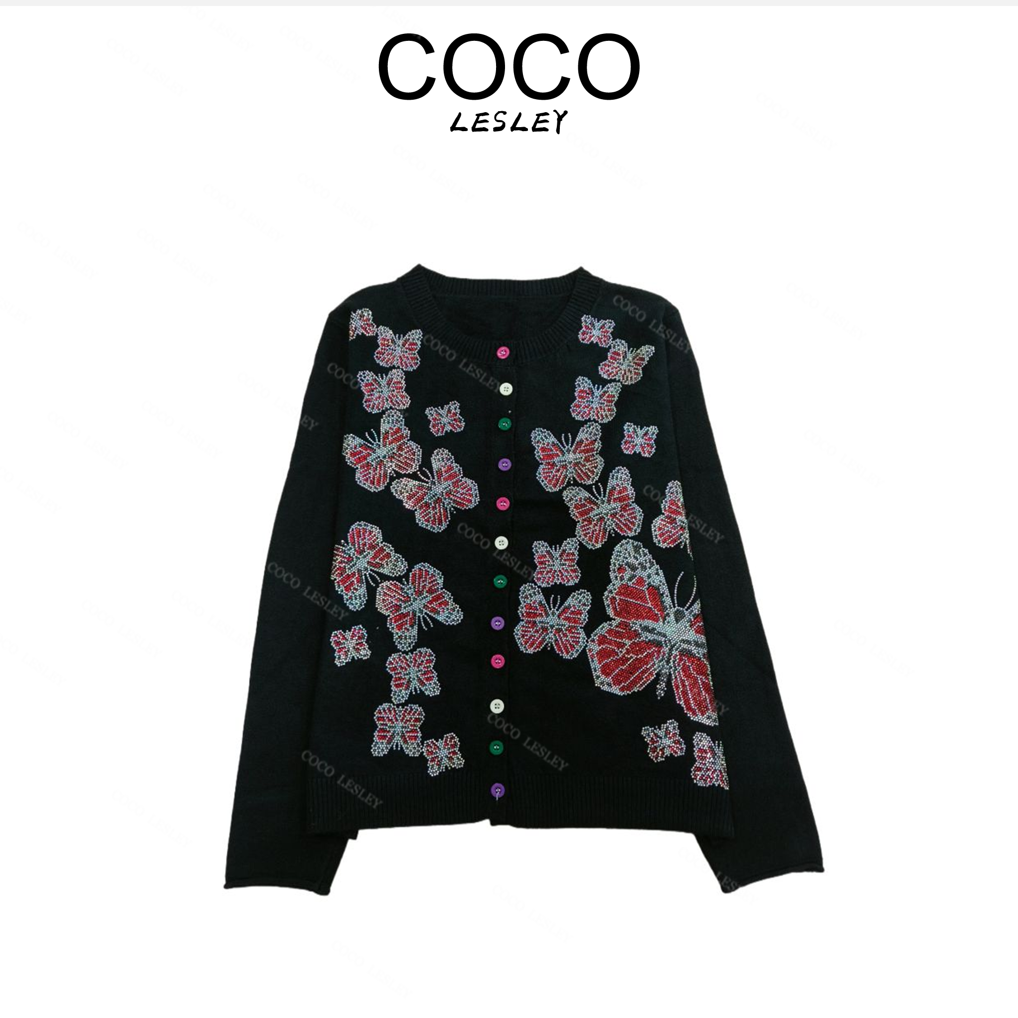 【COCO LESLEY】桑蚕丝羊毛蝴蝶烫钻彩扣针织开衫毛衣msl834