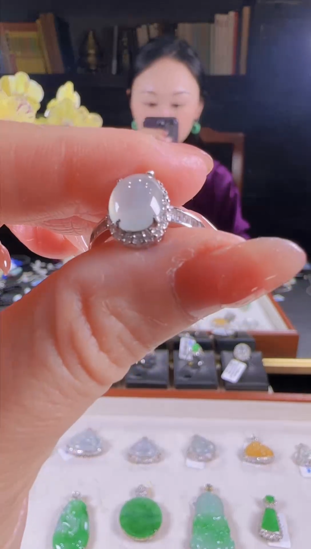 【闪购商品】翡翠戒指银S925镶嵌白冰蛋面戒指