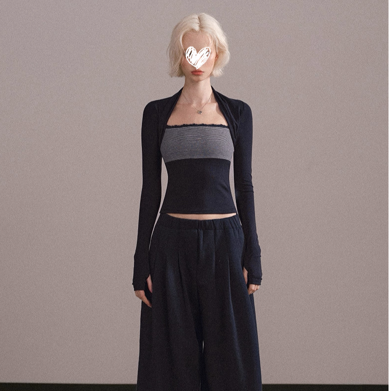 辣妹设计感修身短款撞色条纹上衣女秋冬