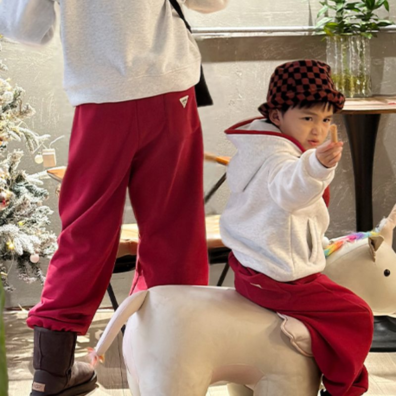 【亲子款】43118中大童红色百搭休闲长裤儿童加绒卫裤新年运动裤